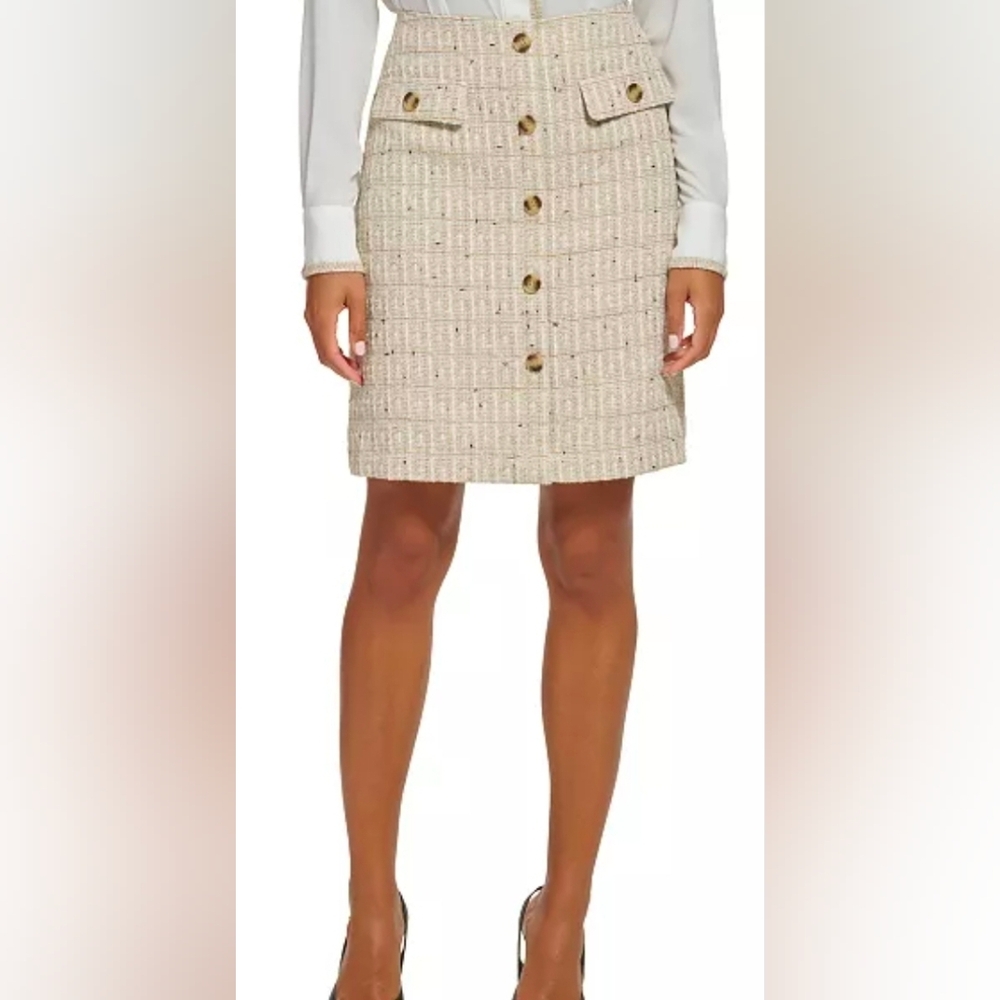 Calvin Klein Novelty Button Tweed Skirt Beige Size 12 Zipper Back New W Tags